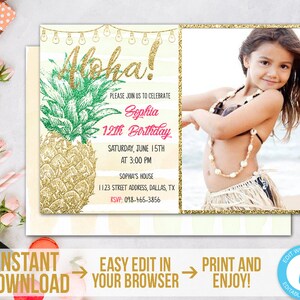 Pineapple Birthday Invitation with Photo Aloha Invitation Template Printable Tropical Party Invite Luau Invitation Hawaiian Download