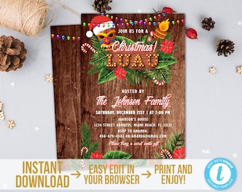 Kerstluau-uitnodiging tropische kerstfeest uitnodiging sjabloon afdrukbare vakantie uitnodiging lichte tropische vakantie uitnodiging downloaden