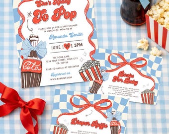 She’s Ready to Pop Baby Shower Invitation Set, Editable Blue & Red Retro Soda Invite, Diaper Raffle, Books for Baby, Digital Printable