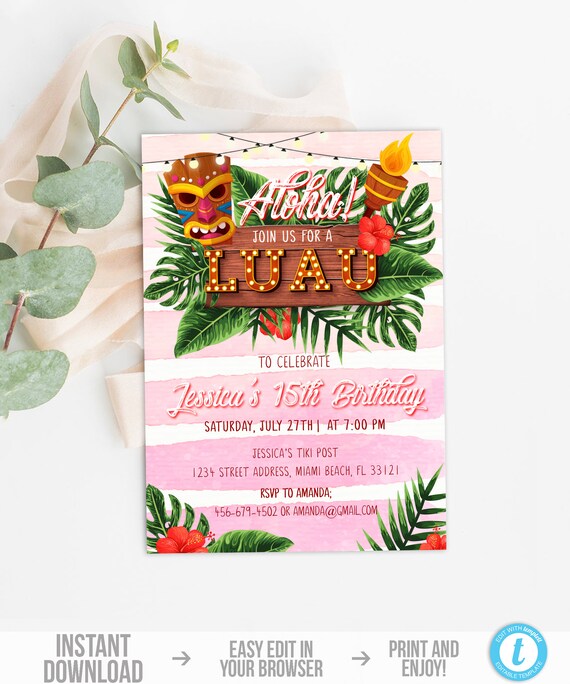 luau birthday invitation template tiki party invitation aloha invitation printable tropical party invite hawaiian invitation download hawaiian invitation template