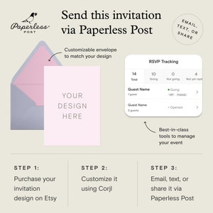 May include: An invitation design with a customizable envelope and RSVP tracking. The text reads "Send this invitation via Paperless Post." The design includes the text "Your Design Here" and instructions to purchase, customize, and share.