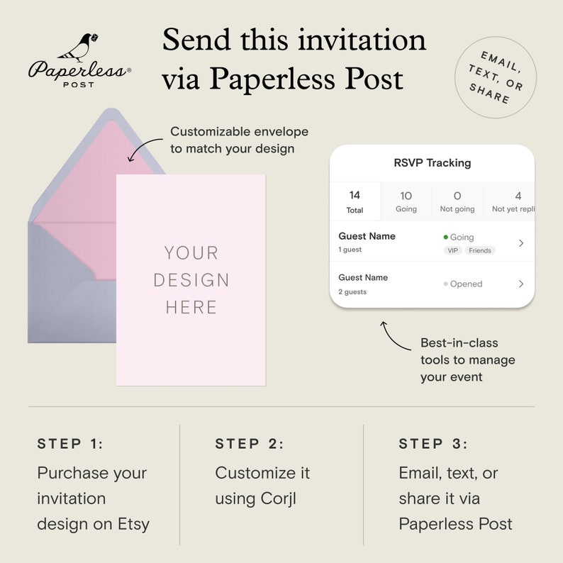 May include: An invitation design with a customizable envelope and RSVP tracking. The text reads "Send this invitation via Paperless Post." The design includes the text "Your Design Here" and instructions to purchase, customize, and share.
