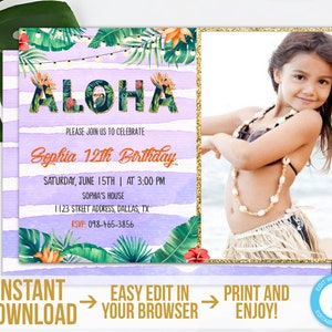 Aloha Invitation with Photo Tropical Luau Birthday Invitation Instant Download Printable Tropical Party Invite Hawaiian Invitation