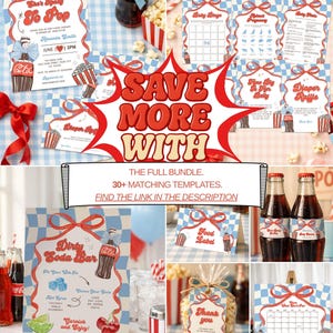 May include: A collection of retro-style baby shower party printables with a red, white, and blue theme. Includes invitations, bingo cards, diaper raffle tickets, and soda bar signs. The text reads "To Pop", "Baby Bingo", and "Diaper Raffle".