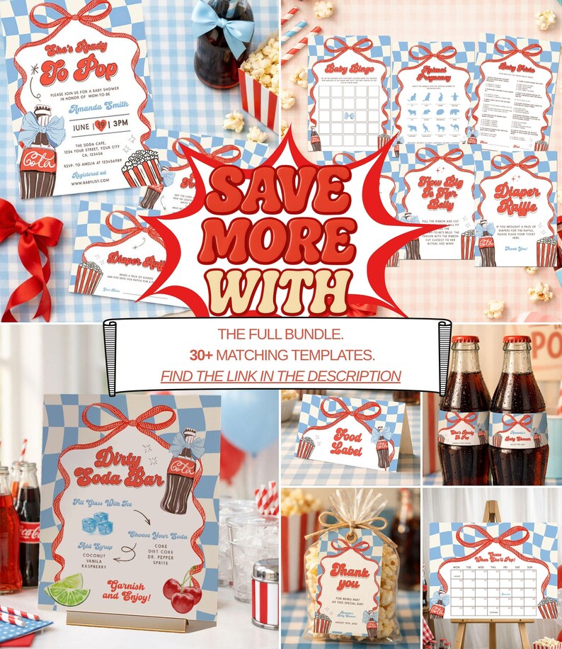 May include: A collection of retro-style baby shower party printables with a red, white, and blue theme. Includes invitations, bingo cards, diaper raffle tickets, and soda bar signs. The text reads "To Pop", "Baby Bingo", and "Diaper Raffle".