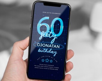 Blue Neon 60th Birthday Electronic Invitation Glow In The Dark Party Digital Invitation Sixty Years Men Anniversary Message Sms Text Invite
