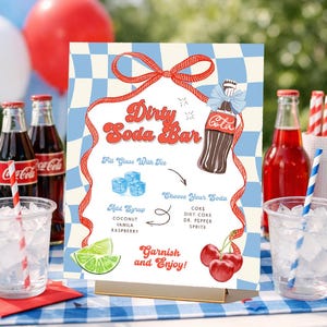 May include: A retro-style "Dirty Soda Bar" sign with a red and blue checkered background. The sign features a Coca-Cola bottle illustration, instructions, and garnishing suggestions for creating soda drinks. Red, white, and blue balloons are in the background.