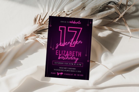 Pink Neon 17th Birthday Invitation Seventeen Pink Lights Invites for Teen Girls Instant Download Editable File Neon Glow 17 Bday Invitation Il_570xn