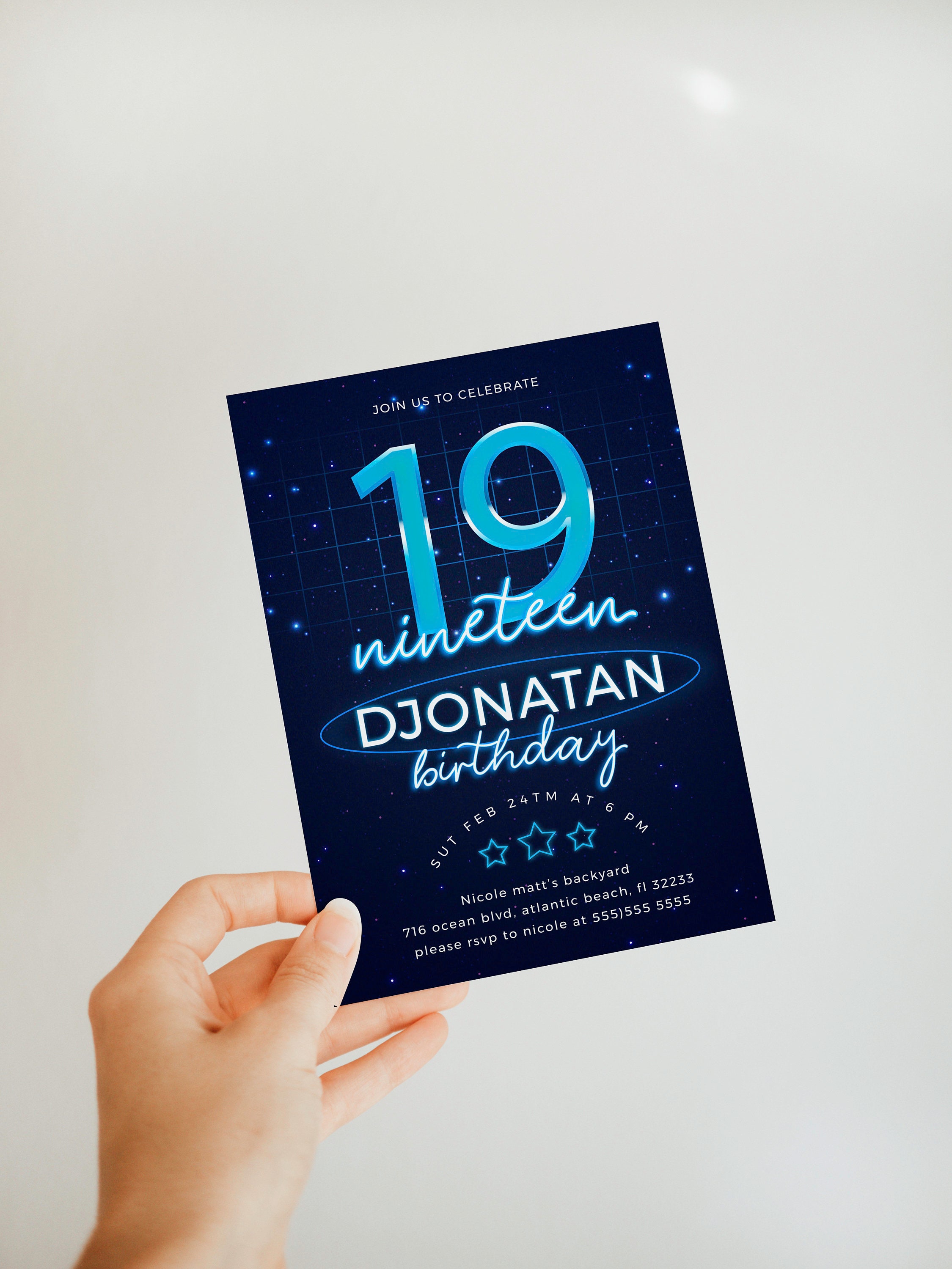 Blue Neon 19th Birthday Invitation Template Glow Party - Etsy