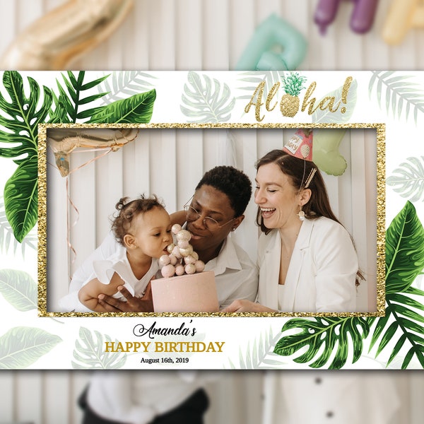 Luau Birthday Photo Booth Frame Gold Aloha Photo Props Frame Hawaiian Selfie Frame Template Tropical Birthday Photo Booth Download NTT