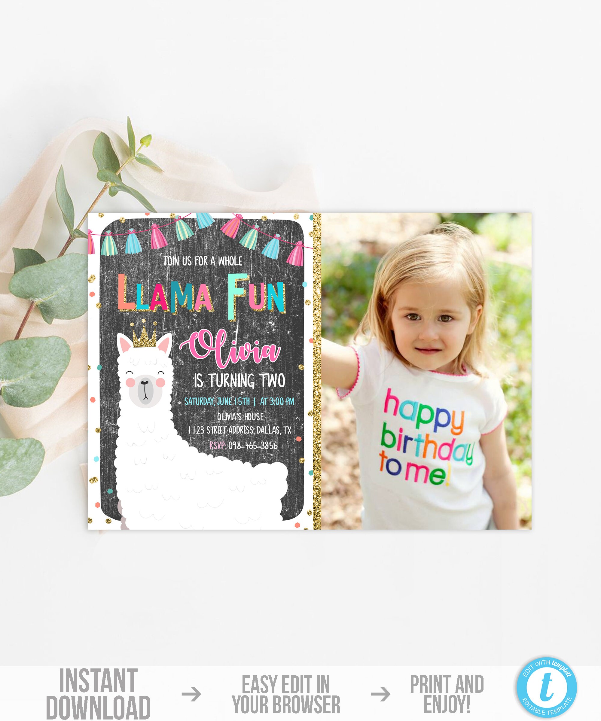 Llama Invitation Template With Photo Girl Llama Birthday - Etsy