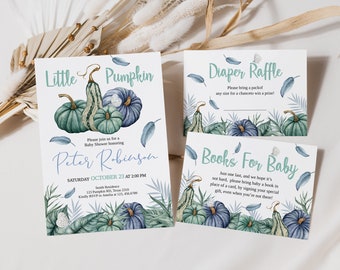 May include: A baby shower invitation with a blue and green watercolor pumpkin theme. The invitation says "Little Pumpkin" and "Please join us for a Baby Shower honoring Peter Robinson, Saturday October 23 at 2:00 PM". There are also cards for a diaper raffle and a book request for the baby.