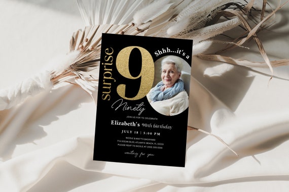 Black Gold Surprise 90th Birthday Invitation with Photo Chalkboard Template 90 Years Anniversary Invite Elegant Birthday Printable Decor Il_570xn