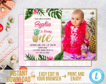 Tropical 1er anniversaire Invitation avec photo Luau premier anniversaire Invitation modèle Aloha Party inviter ananas hawaïen Télécharger