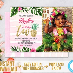 Tropical Luau 2nd Birthday Invitation with Photo Pineapple Birthday Invite Template Printable Aloha Party Invite Download Hawaiian TGAP