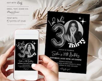Black 30th Birthday Invitation for Men Women Minimalist 30th Birthday Invite Thirty Birthday Party Digital Invite Black Ballon Editable