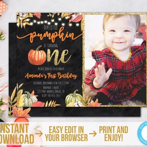 Fall Invitation First Birthday with Photo Our Little Pumpkin Invitation Template Printable Autumn 1st Birthday Invites Instant Download