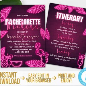 Bachelorette Weekend Invitation with Itinerary Pink Neon Bachelorette Invite Editable Tropical Bachelorette Party Invitation Download