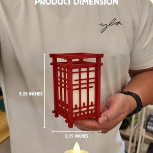 May include: A red miniature lantern with a white interior, measuring 5.25 inches tall and 3.15 inches wide. The lantern has a traditional Japanese design and includes an LED tea light. The text "MINIATURE SERIES" and "PRODUCT DIMENSION" are visible.