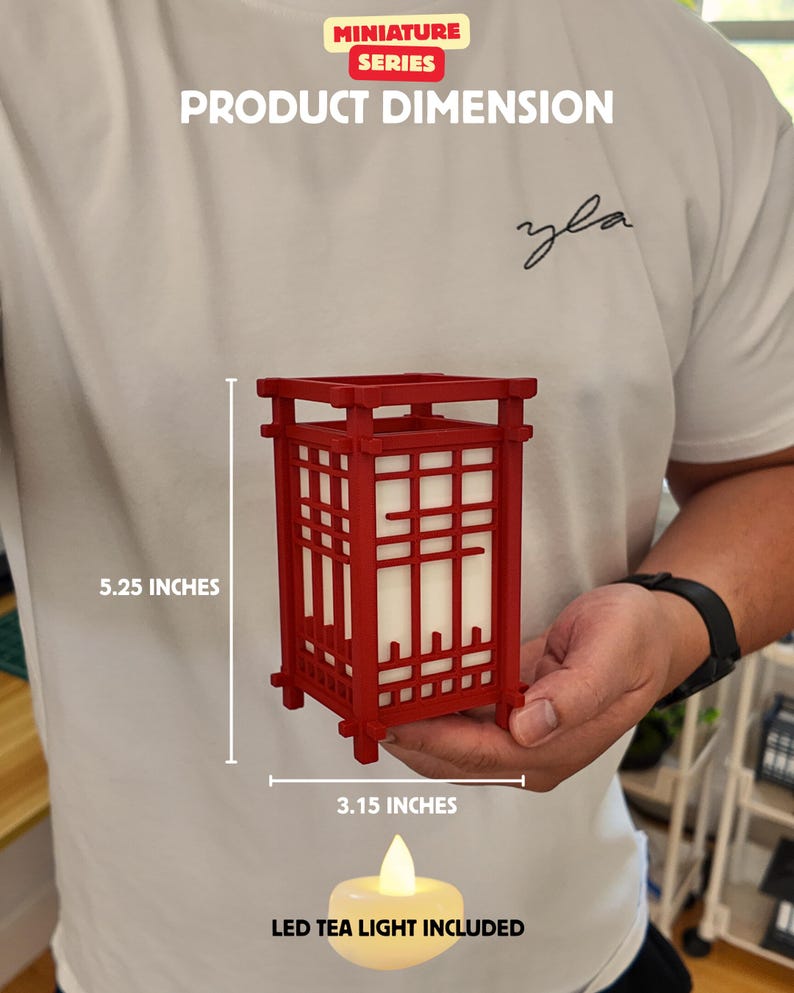 May include: A red miniature lantern with a white interior, measuring 5.25 inches tall and 3.15 inches wide. The lantern has a traditional Japanese design and includes an LED tea light. The text "MINIATURE SERIES" and "PRODUCT DIMENSION" are visible.