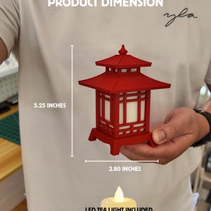 May include: A red miniature pagoda lantern, 5.25 inches tall and 2.80 inches wide, with a white interior. The lantern includes an LED tea light. The image includes the text "MINIATURE SERIES" and "PRODUCT DIMENSION".