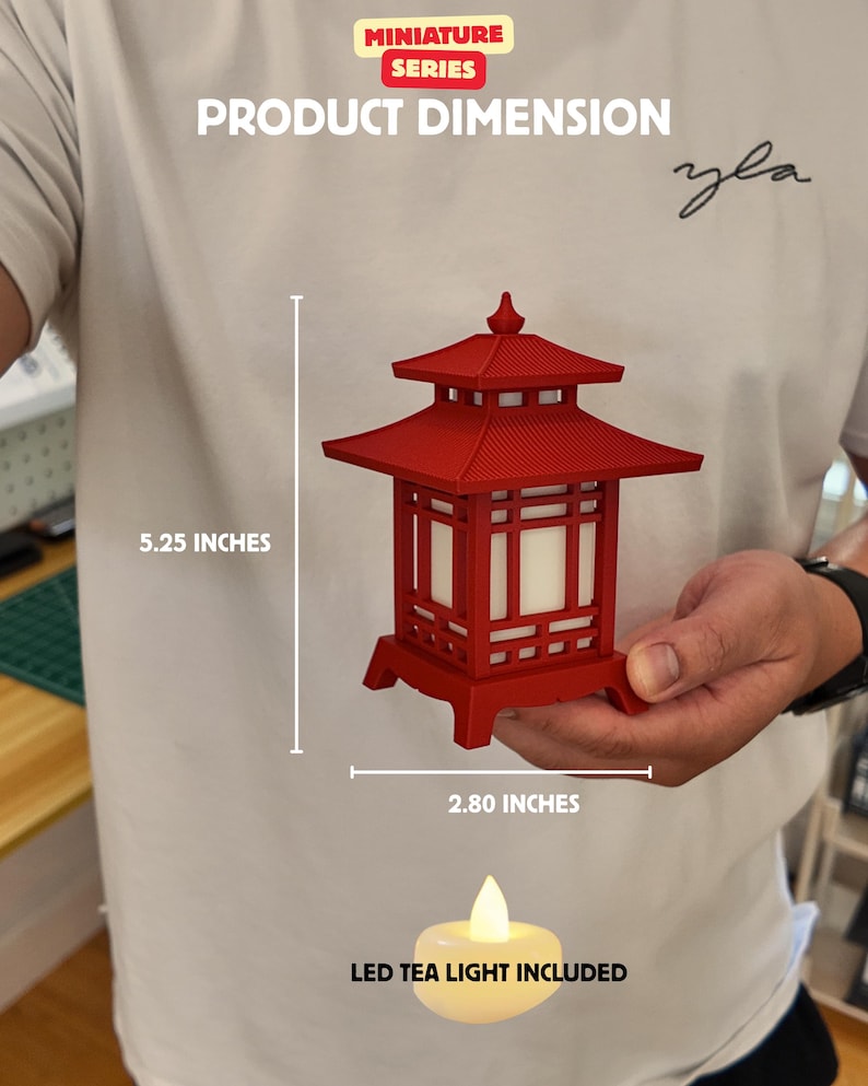 May include: A red miniature pagoda lantern, 5.25 inches tall and 2.80 inches wide, with a white interior. The lantern includes an LED tea light. The image includes the text "MINIATURE SERIES" and "PRODUCT DIMENSION".