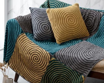 Patrón de manta y almohada de ganchillo, manta afgana moderna con diseño de vórtice (descarga en PDF)