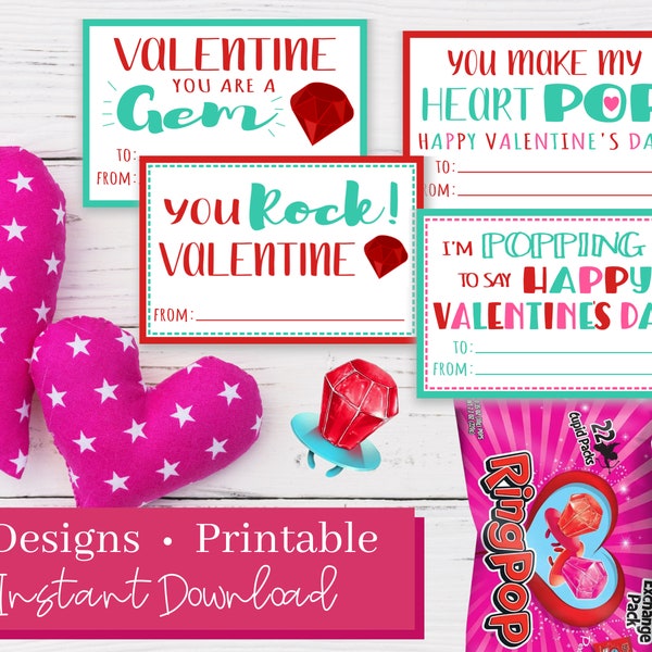 Valentines Ring Pop Cards Printable Digital Download Valentine's Printable Gem of a Friend Valentine's gift Tag