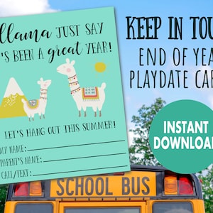 Carte de fin d'année avec date de lecture, Llama Say It's Been a Great Year Téléchargement instantané, Last Day of School Keep in Touch, DIY Printable Calling Card
