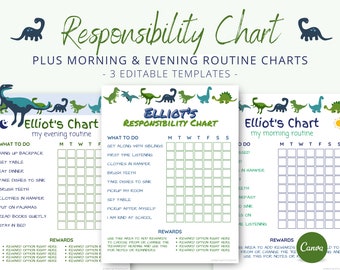 Dinosaur Responsibility Chart, Boy Chore Chart, Dino Morning Routine Chart, Evening Routine Chart