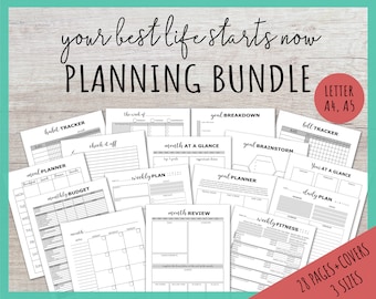 May include: A printable planning bundle with 28 pages in three sizes: Letter, A4, and A5. The bundle includes printable pages for habit tracking, meal planning, budgeting, weekly and monthly planning, goal setting, and fitness tracking.