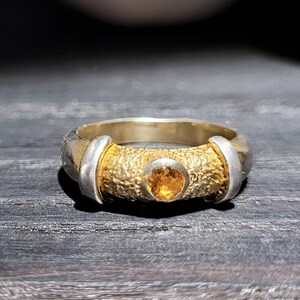 14k Yellow Gold Plated Silver Band With Citrine - Gemstone Ring - Natural Citrine Ring - November Birthstone Ring - Yellow Stone Gold  Ring