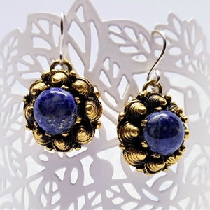 Lapis Lazuli Bronze Pagan Sun Earrings, Anniversary Gift For Women, Ancient 12th Century Earrings