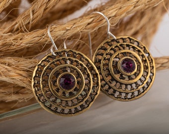 Large Bronze Disk Earrings With Gemstones, Birthday Gift For Her, Unique Design Earrings