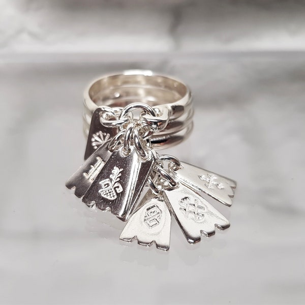 Latvian 7 Days Ring or Bride's Ring With Pagan Symbol Charms, Ring With Baltic Runes, Silver Bride's Ring