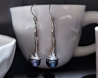 Minimalist Long Pearl Earrings | Wedding Jewelry | Silver | Bronze | Black Pearl | Natural White Freshwater Pearl Earrings | Bride's Jewelry
