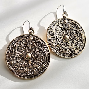 Viking Warrior Shield Earrings, Long Bronze And Silver Earrings, Unique Handcrafted Medieval Jewelry