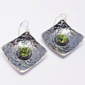 Green Gemstone Hammered Bronze And Silver Earrings, Earrings With Different Colors Gemstones