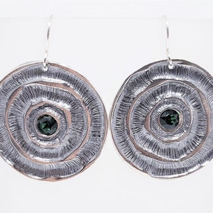 Large Unique Silver Disc Earrings, Long Earrings With Gemstones, Unique Design Earrings