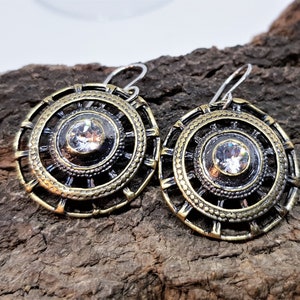 Round Gemstone Silver Earrings, Boho Style Earrings Available in Silver And Bronze
