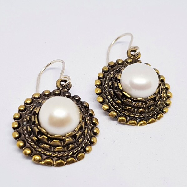 Ancient Dangle Bronze Earrings With Large Natural Pearls, Bridal Earrings, Anniversary Gift