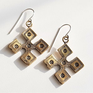 Pagan Cross Earrings With The Sun Symbol, Bronze And Silver Earrings, Pagan Scandinavian and Baltic Jewelry