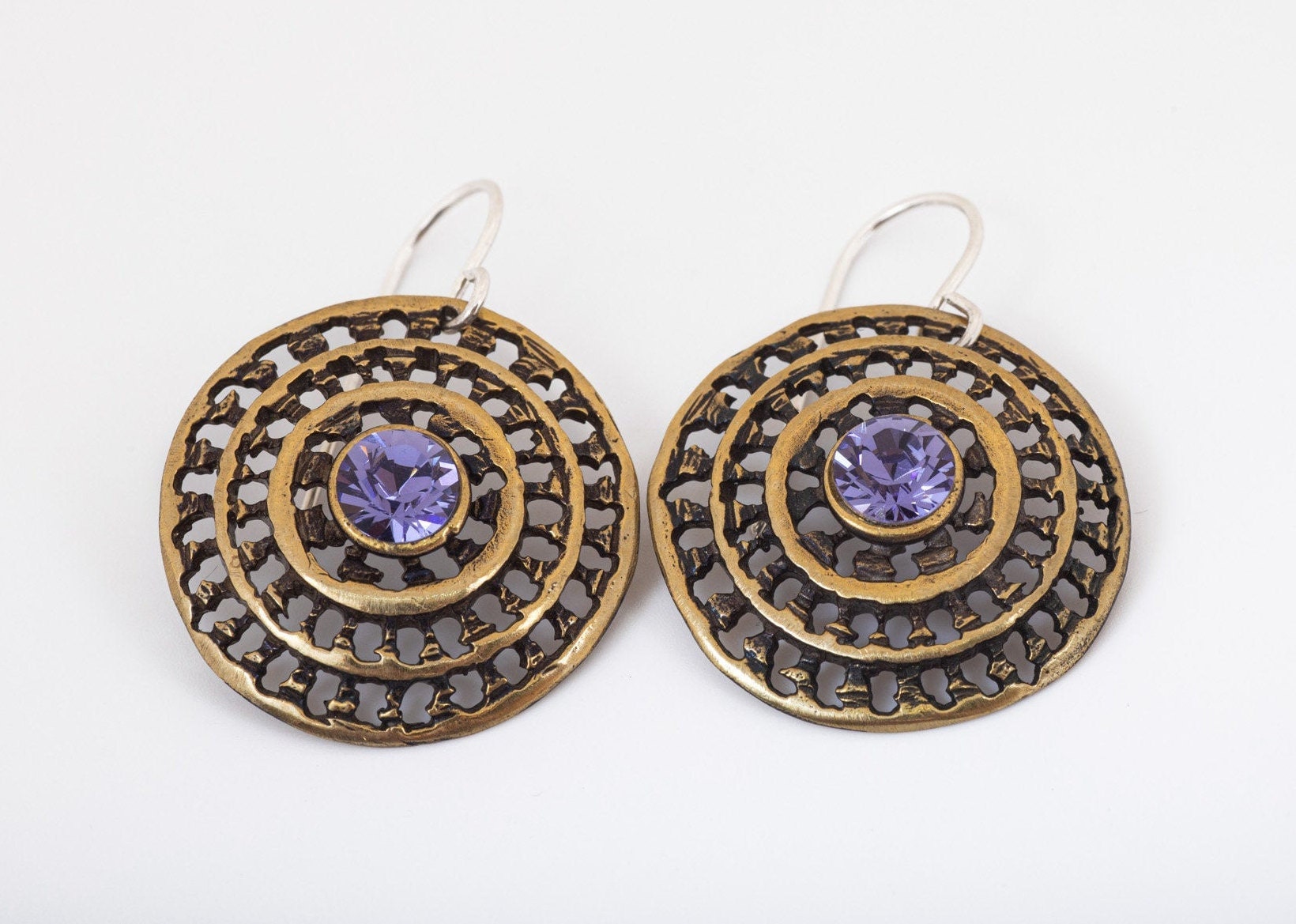 Large Bronze Disk Earrings With Gemstones Birthday Gift for Etsy UK