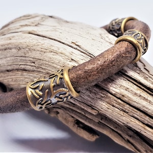 Men&#39;s Bracelet Leather With Bronze Charms, Scandinavian Jewelry, Gift For Him, Handmade Leather and Bronze Bangle