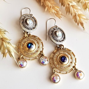 Unique Long And Large Bronze Earrings With Gemstones, Anniversary Gift For Women