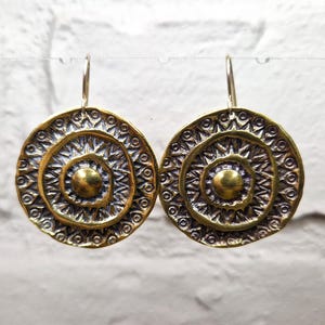 Bronze Ancient Sun Symbol Earrings | Large Dangle Earrings | Latvian Jewlery | Gift For Women | Symbol of Love and Protection