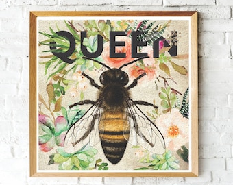 Queen Bee, Bee Print, Queen Bee Art, Succulents, Bumble Bee, Honey Bee Art, Botanical, Flower print, Queen Print, Gifts for Bee Lovers