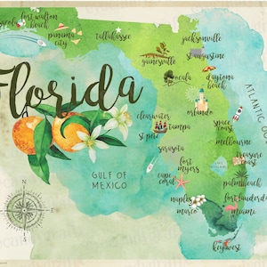 Vintage Florida State Map Wall Art, Illustrated Florida Map, Florida State Map, Florida Travel Poster, Map Wall Art, Florida Wall Decor, Map