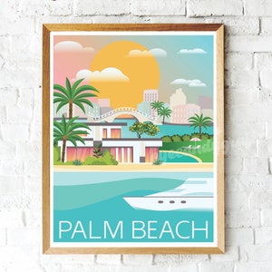 Palm Beach Print, Palm Beach Skyline, Wall Decor, Travel Poster Florida, Sunset Scene, Art Deco Print, Graphic Art, Palm Trees, Sun, Beach