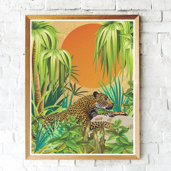 Leopard Jungle Print, Leopard Cat Art Print, Leopard Wall Decor, Leopard Art, Tropical Print, Leopard Print, Botanical Jungle Art Print